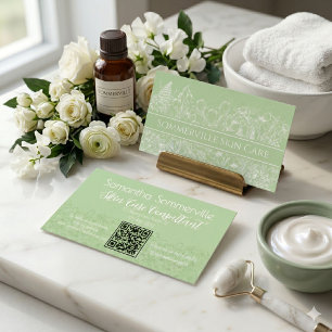 Sage Green Floral Skincare Consultant QR Code Business Card
