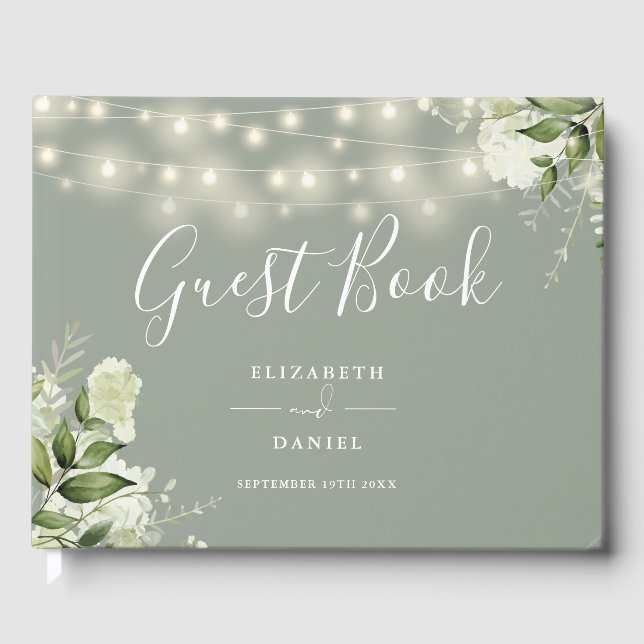 Sage Green Floral String Lights Photo Wedding Guest Book (Front)