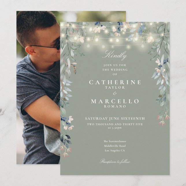 Sage Green Floral String Lights Photo Wedding Invitation (Front/Back)
