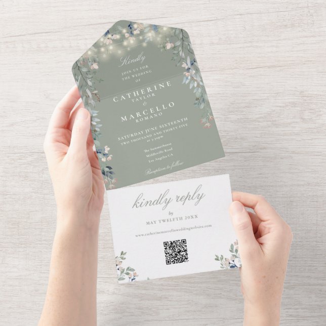 Sage Green Floral String Lights QR Code Wedding All In One Invitation (Tearaway)