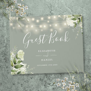 Sage Green Floral String Lights Wedding Guest Book