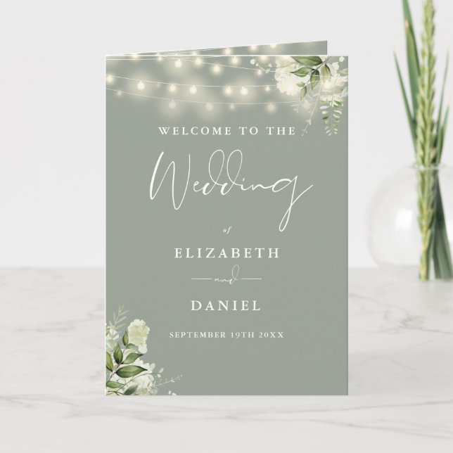 Sage Green Floral String Lights Wedding  Programme (Front)