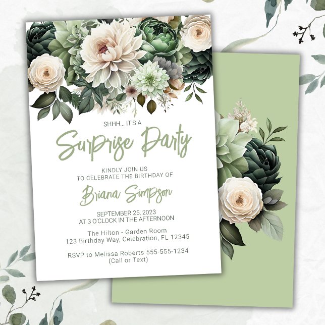 Sage Green Floral Surprise Birthday Party Invitation (Creator Uploaded)