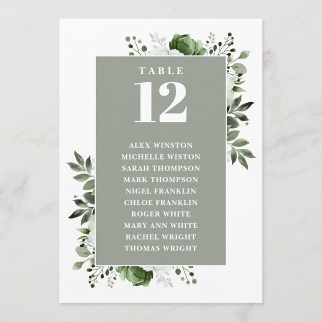 Sage Green Floral Table Number Seating Chart (Front)