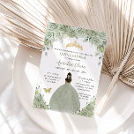 Sage Green Floral Tan Brown Princess Quinceañera  Invitation<br><div class="desc">This chic Quinceañera invitation features a quince girl dressed in a sage green dress and lovely watercolor sage green floral and soft greenery foliage. Personalise it with your details easily and quickly, simply press the customise it button to further re-arrange and format the style and placement of the text. Also...</div>