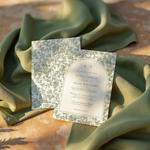 Sage Green Floral Toile Monogram Wedding Arch Invitation
