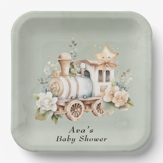 Sage Green Floral Train Boy Baby Shower Paper Plate (Front)