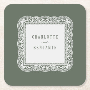 Sage Green Floral Vintage Lace Bridal Shower Square Paper Coaster