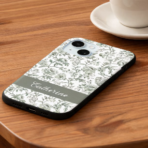 Sage Green Floral Vintage Toile Monogram iPhone 15 Case