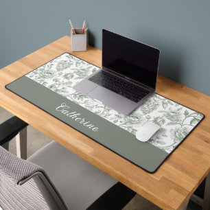 Sage Green Floral Vintage Toile Monogram Name Desk Mat