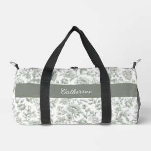 Sage Green Floral Vintage Toile Monogram Name Duffle Bag