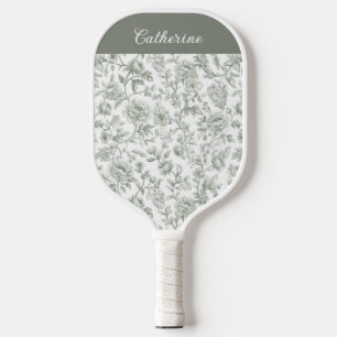 Sage Green Floral Vintage Toile Monogram Name Pickleball Paddle