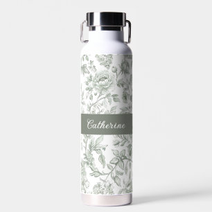 Sage Green Floral Vintage Toile Monogram Name Water Bottle