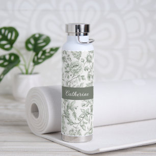 Sage Green Floral Vintage Toile Monogram Name Water Bottle
