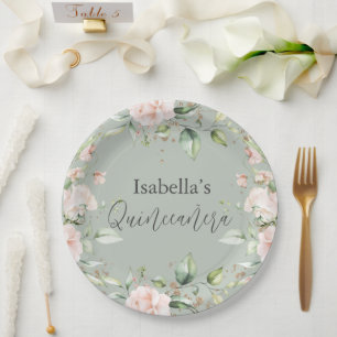 Sage Green Floral Watercolor Quinceañera Paper Plate
