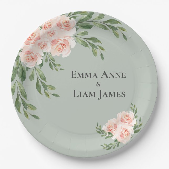 Sage Green Floral Watercolor Romantic Wedding Paper Plate (Front)