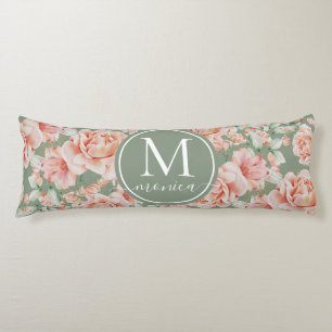 Sage Green Floral Watercolor Rose Pattern Monogram Body Cushion