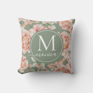 Sage Green Floral Watercolor Rose Pattern Monogram Cushion