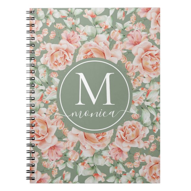 Sage Green Floral Watercolor Rose Pattern Monogram Notebook (Front)