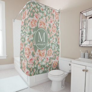 Sage Green Floral Watercolor Rose Pattern Monogram Shower Curtain