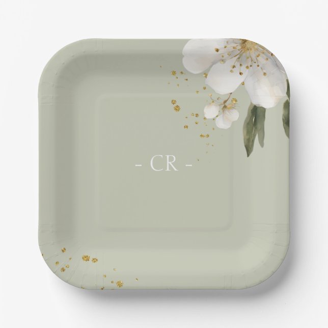 Sage Green Floral Watercolor Wedding Initials Paper Plate (Front)