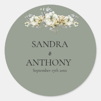 Sage Green Floral Wedding  Classic Round Sticker