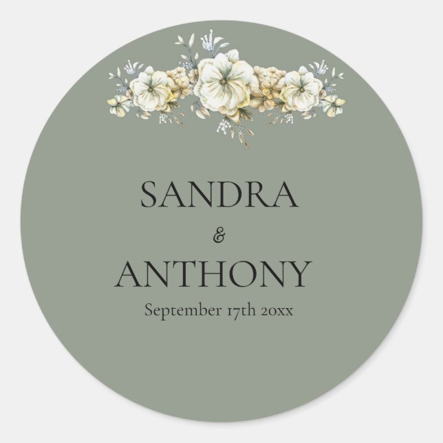 Sage Green Floral Wedding  Classic Round Sticker (Front)
