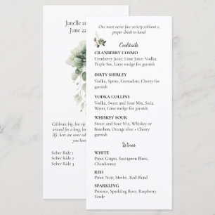 Sage Green Floral Wedding Cocktail and Wine List   Menu