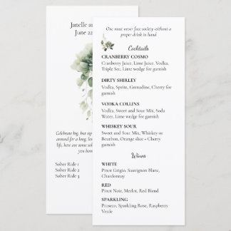 Sage Green Floral Wedding Cocktail and Wine List | Menu