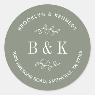 Sage Green Floral Wedding Couple Return Address Classic Round Sticker