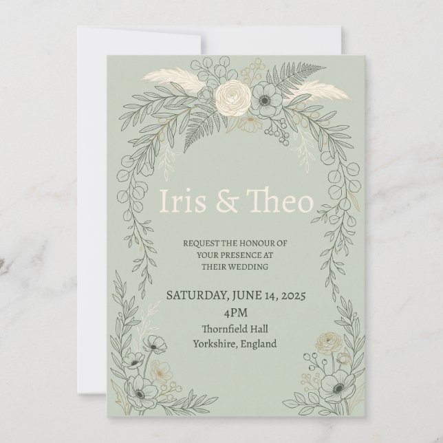 Sage Green Floral Wedding Invitation (Front)