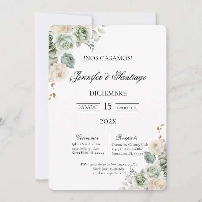 Sage green floral wedding  invitation (Front)