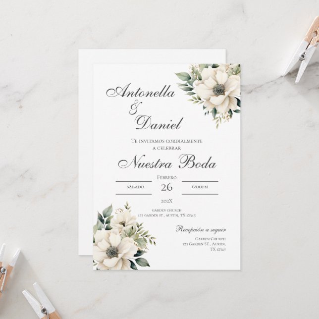 Sage Green Floral wedding invitation in Spanish (Front/Back In Situ)
