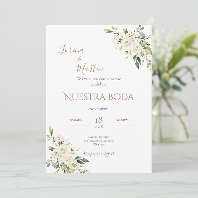 Sage Green Floral wedding invitation in Spanish (Standing Front)