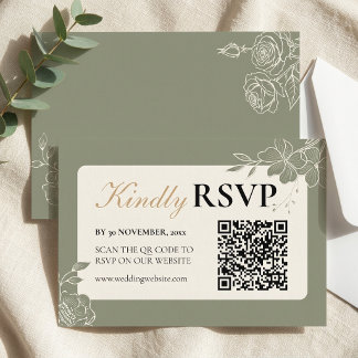Sage Green Floral Wedding RSVP with QR Code Card