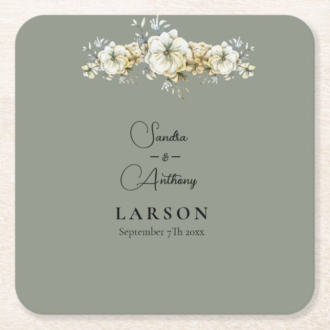 Sage Green Floral Wedding Square Paper Coaster (Front)
