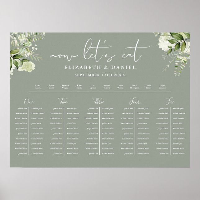 Sage Green Floral Wedding Table Plan Seating Chart (Front)