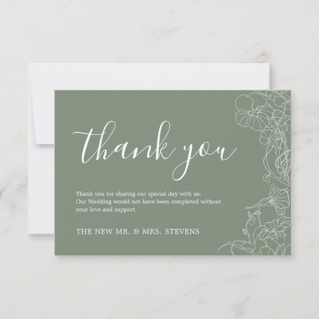 Sage Green Floral Wedding Thank You Card (Front)