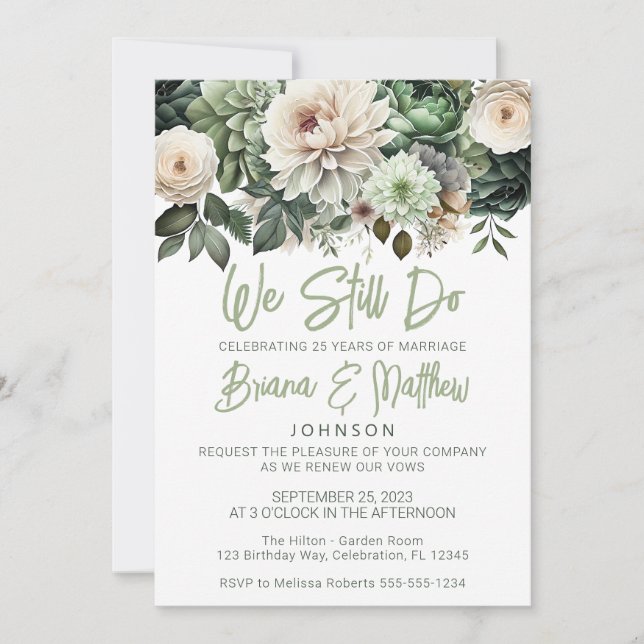 Sage Green Floral Wedding Vow Renewal Invitation (Front)