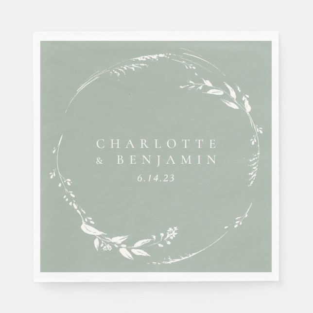 Sage Green Floral Wreath Monogram Personalised Napkin (Front)
