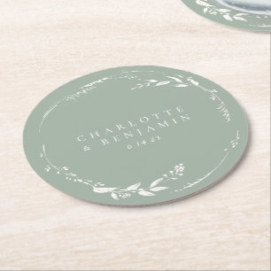 Sage Green Floral Wreath Monogram Personalised  Round Paper Coaster