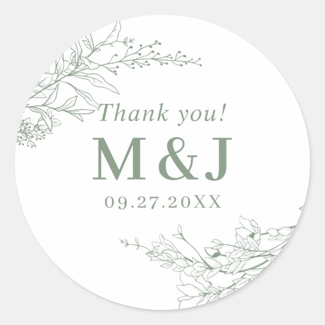 Sage Green Floral Wreath Monogram Thank you Classic Round Sticker (Front)