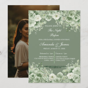 Sage Green Floral Wreath Photo Rehearsal Dinner  Invitation