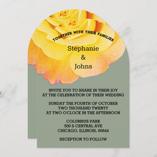 Sage Green Floral Yellow Orange Rose Boho Wedding Invitation (Front/Back)