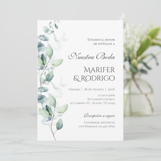 Sage Green Flores wedding invitation (Standing Front)