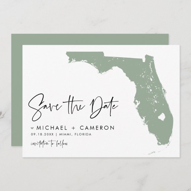 Sage Green Florida Map Modern Minimalist Script Save The Date (Front/Back)
