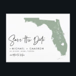Sage Green Florida Map Modern Script Save the Date Announcement Postcard<br><div class="desc">Announce your wedding date to family and friends with this Florida state theme save the date announcement postcard. It features an illustration of the state of Florida, simple typography and handwritten script. Personalise by adding names, date, venue and other details. This sage green state of Florida save the date card...</div>