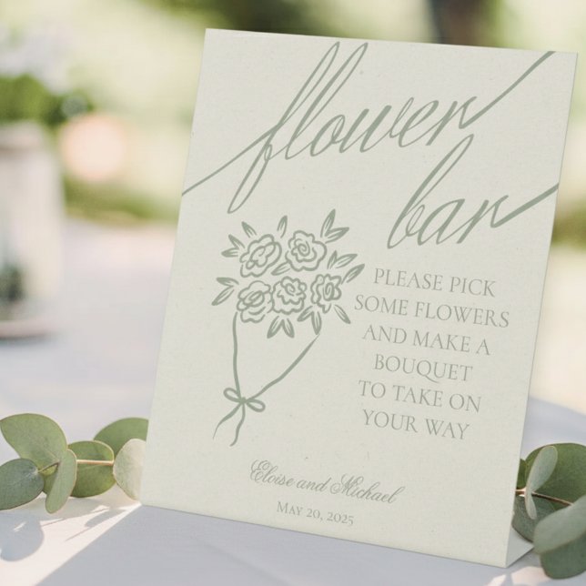 Sage Green Flower Bouquet Bar Wedding Pedestal Sign (Add a fun and interactive touch to your wedding or event with this Flower Bouquet Bar Sign!)