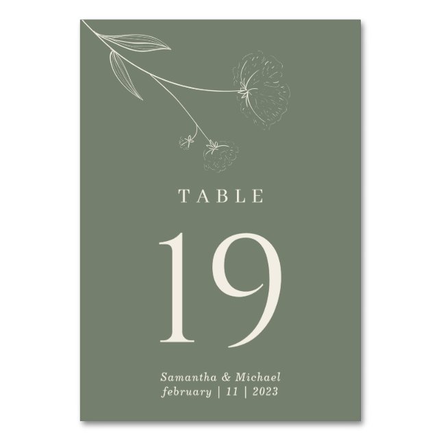 Sage Green Flower Cotton Wedding Table Number (Front)