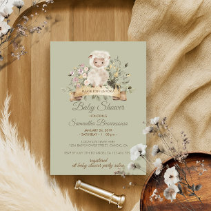 Sage Green Flower Cute Sheep Lamb Invitation